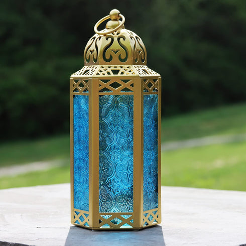 Vela Lanterns Gold Moroccan Decorative Candle Lantern Holder, Blue Glass, Medium