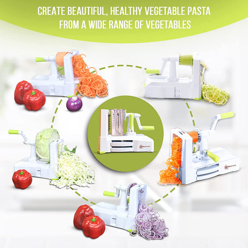 Brieftons 5-Blade Spiralizer (BR-5B-02): Strongest-and-Heaviest Duty Vegetable Spiral Slicer, Best Veggie Pasta Spaghetti Maker for Low Carb/Paleo/Gluten-Free, With Extra Blade Caddy, 4 Recipe Ebooks