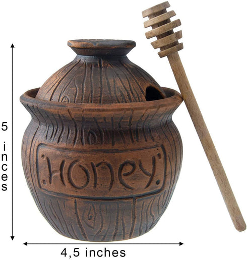 Honey Jar with a Dipper 16oz. Ceramic Honey Pot Made Out of Solid Clay Piece. Honey Container, and a Great Rustic Bowl for Gift (Brown) - Ceramic Beehive Honey Pot with Dipper.