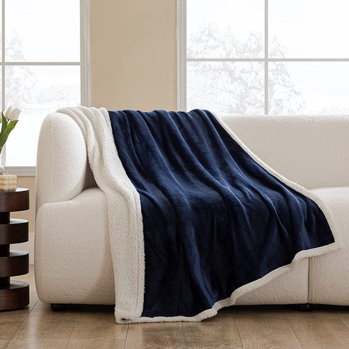 HBlife Sherpa Throw Blanket for Couch 50X60 Inches, Super Cozy Fuzzy Fleece Warm Plush Decorative Cabin Reversible Thick Blankets and Throws for Bed Sofa, Navy