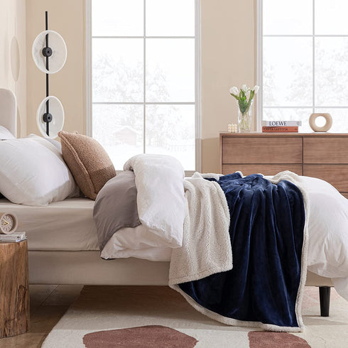 HBlife Sherpa Throw Blanket for Couch 50X60 Inches, Super Cozy Fuzzy Fleece Warm Plush Decorative Cabin Reversible Thick Blankets and Throws for Bed Sofa, Navy