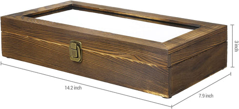 MyGift Tabletop Keepsake Display Box, Rustic Burnt Wood Shadow Box Jewelry Organizer Case with Clear Acrylic Lid, and Metal LAT