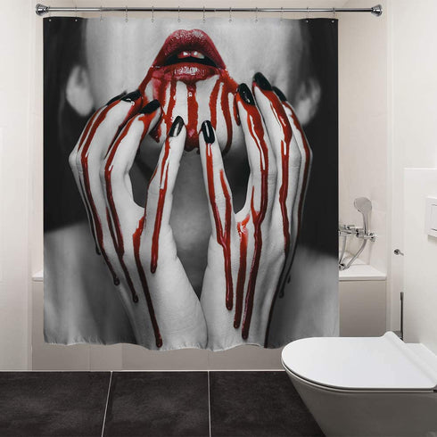 Hiyoo Halloween Horror Scary Bloody Shower Curtain with Hooks, Hallowmas Theme Bathroom Decor Bathtub Waterproof Shower Curtain Sets - Vampire Girl 60" W x 72" L