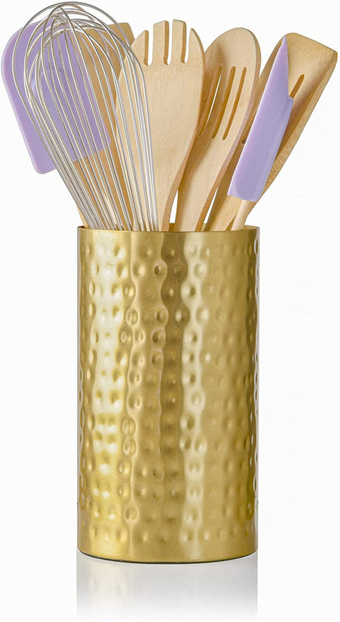Satin Brass Kitchen Utensil Holder for Countertop | Extra Large 7 Inch X 4 Inch Utensil Caddy with Felt Bottom for Grip & to Protect Surfaces | Kitchen Decor Utensil Organizer | Copper Kitchen