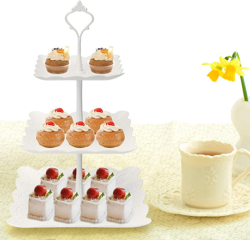 Coitak 3 Tier Cupcake Stand, 2 Set Plastic Tiered Serving Stand, Square Dessert Tray for Tea Party, Baby Shower and Wedding