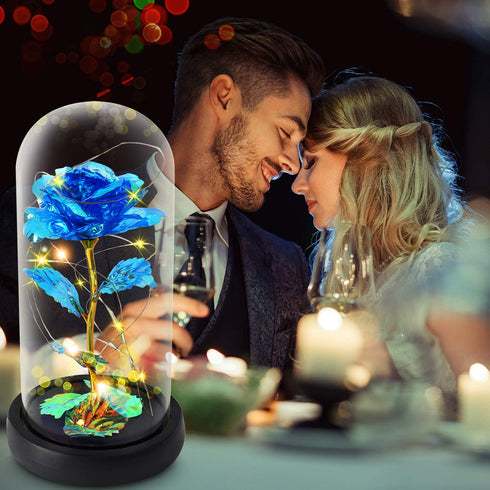 Valentines Day Gifts for Women, Birthday Gifts Thanksgiving Gifts Forever Preserved Rose Flower Gifts Beauty and The Beast Rose in Glass Dome with Warm Light, Unique Gift for Her Women Mom (Blue)