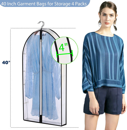 IBESTWIN 40" Clear Garment Suit Bag for Closet Storage and Travel (Set of 4) Hanging Clothes Cover with 4" Gussetes for Coats Sweaters Shirts Dress Costumes