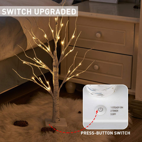 PEIDUO 24 2FT 24LT Lighted Birch Tree Battery Powered Timer Warm White LED Artificial Branch Tree for Home Party Festival Wedding Decor, 2FT Table Tree Lamp