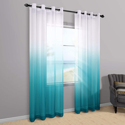 Teal Curtains 84 Inch Length for Bedroom Decor Pair Set 2 Panels Ombre Aqua Blue Turquoise Gradient Grommet Semi Drapes Transparent Window Sheer Beach Curtains for Living Room Girls Dining 52x84 Long