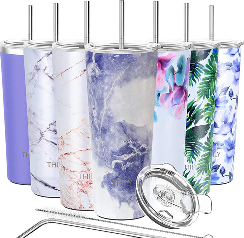 Stainless Steel Vacuum Insulated Tumbler - THILY Travel Mug 26 oz Coffee Cup with 2 Lids and Straws, Splash Proof, Keep Ice Drinks Cold, Blue Marble