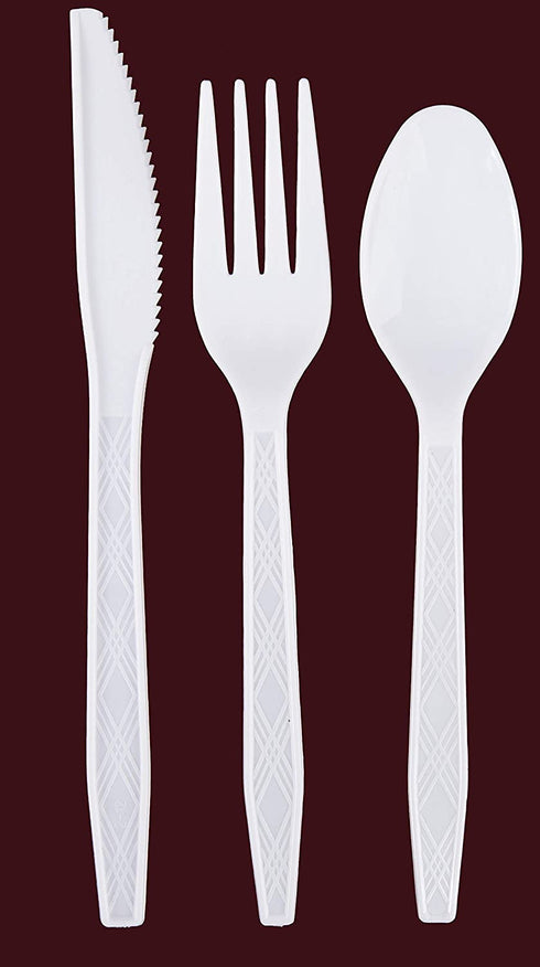 White Plastic Silverware | Heavy Duty & Solid Cutlery Disposable Utensils Set | Perfect for Weddings, Buffets, Luncheon & More | 180 Forks, 120 Spoons & 60 Knives Combo Pack | 360 Count