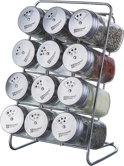 12-Jar Spice Rack, Adjustable Pour Holes Stainless Steel Lid, Seasoning Bottle Organizer for Kitchen Cabinet, Countertop, Plastic-free, Dishwasher Safe