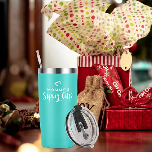 Mommy's Sippy Cup Travel Tumbler with Lids, Mom Birthday Christmas Gifts for Mom New Mom Mother Wife Women Mothers Day Thanksgiving Day Gift, 20 Oz Insulated Stainless Steel Stemless Tumbler, Mint