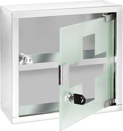 WENKO Locking Medicine Mounted Bathroom Storage, Hanging Medical, First Aid Wall Cabinet with Safety Glass Door, Modern, Small, Square, Silver Shiny