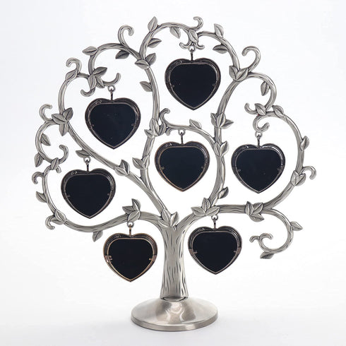 LASODY Antique Silver Family Tree With 7 Hanging Picture Frames,Metal Table Top Photo Frame Decoration