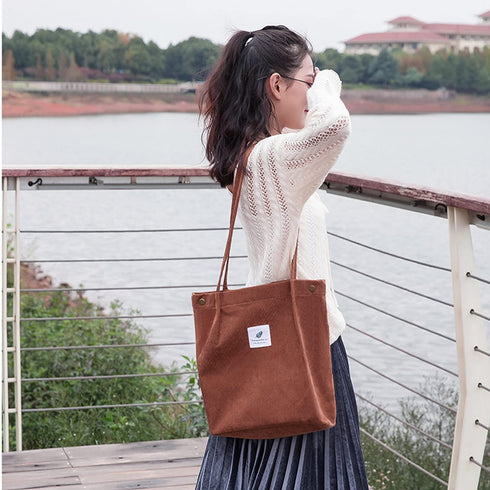 2Pcs Corduroy Tote Bags, Etercycle Women's Casual Shoulder Bag Big Capacity Reusable Grocery Handbags with Inner Pocket For Work Beach Lunch Travel And Shopping