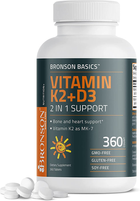 Bronson Vitamin K2 D3 (MK7) Supplement Bone and Heart Health Non-GMO Formula 5000IU (125 mcg) Vitamin D3 & 90 mcg Vitamin K2 MK-7 Easy to Swallow Vitamin D & K Complex, 360 Tablets