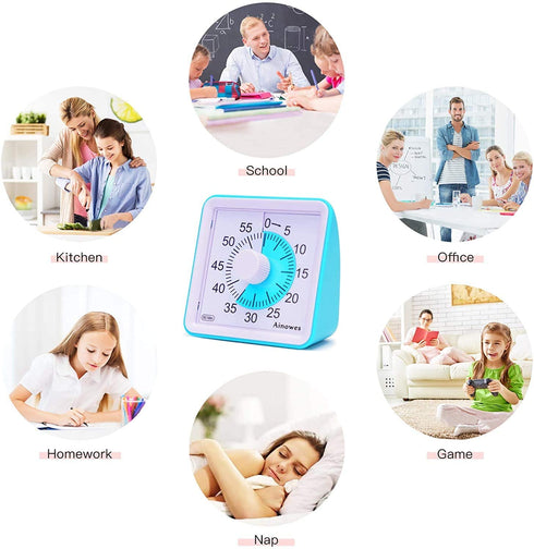 Ainowes Visual Timer, 60-Minute Silent Countdown Timer for Kids and Adults,Time Management Tool for Kitchen, Classroom,Self-Study, No Loud Ticking (Blue)