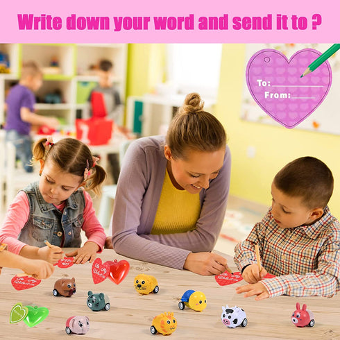 Kids Valentine Toy Cars Set, 28Pcs Animal Pull Back Cars Filled Hearts and Valentine Cards in 4 Colors for Kids Valentine Classroom Gift Exchange/Valentine Party Favors/Game Prizes/Carnivals Gift