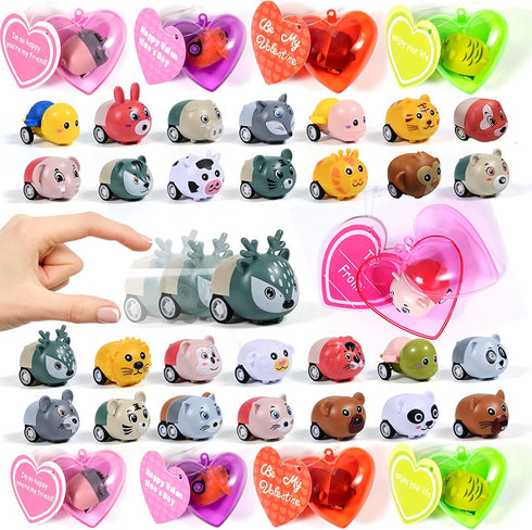 Kids Valentine Toy Cars Set, 28Pcs Animal Pull Back Cars Filled Hearts and Valentine Cards in 4 Colors for Kids Valentine Classroom Gift Exchange/Valentine Party Favors/Game Prizes/Carnivals Gift