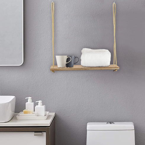 Hanging Shelves 3 Pack , POZEAN Wooden Floating Wall Shelves, Hanging Plant Shelf, Boho Wall Decor Shelves for Bedroom, Plants, Living Room, Office (Included 6 Ropes 3 Rings 3 Hooks and Anchors)