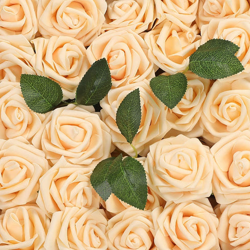 Artificial Flowers Roses 50pcs Champagne Roses Wedding Decoration Real Looking Fake Roses w/Stem for DIY Wedding Bouquets Centerpieces Arrangement Party Baby Shower Home Decoration (Champagne, 50 pcs)