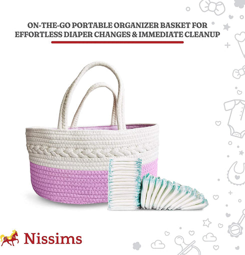 Baby Diaper Caddy Organizer Basket for Changing Table - Large Compact and Portable Woven Cotton Rope and Canvas Nursery Basket with 3 Divisions - Unisex Stylish GrayWhite - 14x8.5x7 Inches