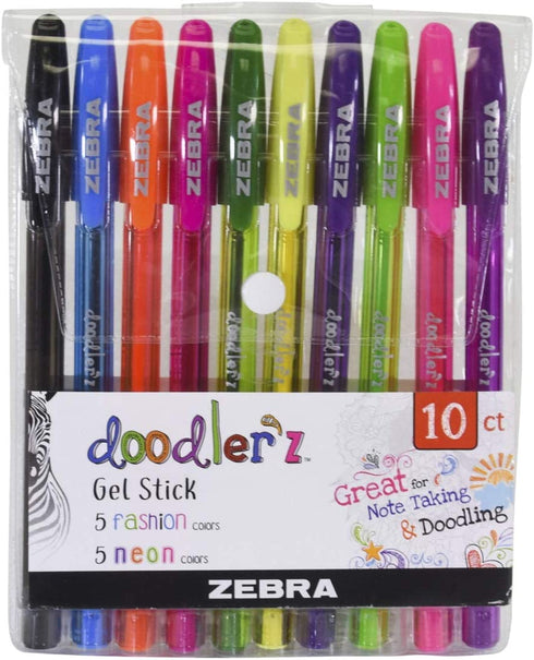 Zebra Pen Doodlerz Gel Stick Pen, Bold Point, 1.0mm, Assorted Neon Colors, 10 Pack