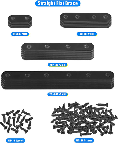 Glarks 110Pcs 20Pcs 40mm 80mm 130mm 200mm Flat Straight Corner Brace Black Metal Joint Plate Connector Repair Fixing Bracket with Mounting Screws Set for Wood Furniture