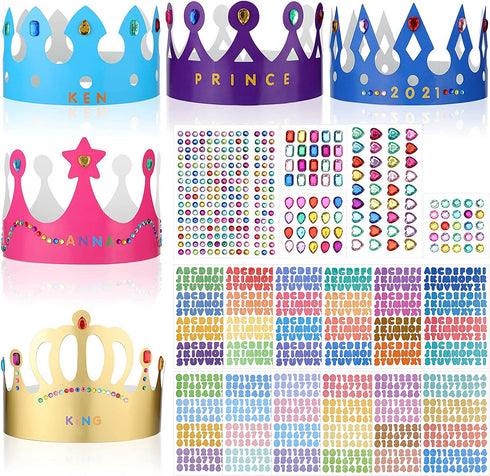 Paper Crowns Princess Prince Crown Gem Stickers Jewels Stickers Number Letter Stickers for Boys Girls Adults DIY Birthday Party Crown Hats Decoration Favor Supplies (38 Pieces)