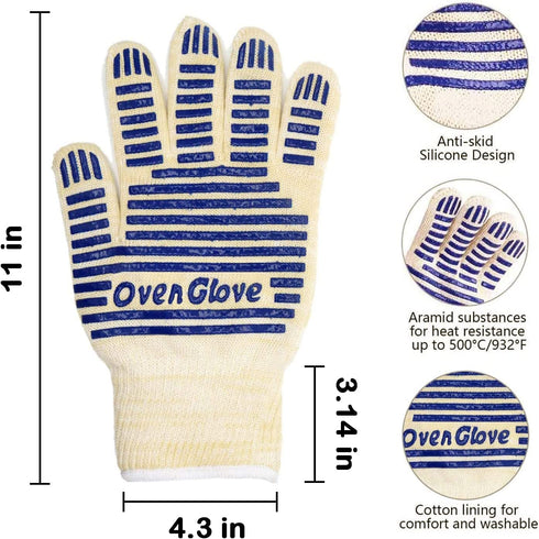 Oven Gloves, Heat Resistant 540 Degrees Grilling Gloves, Hot Surface Handler Non-Slip Silicone Oven Mitts with Fingers, BBQ Gloves for Cooking/Kitchen/Baking, Pack of 2