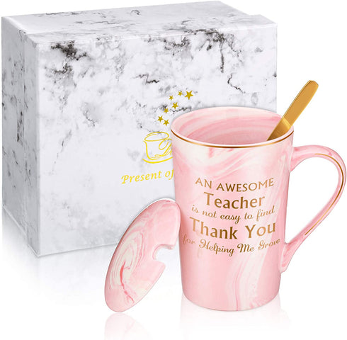 Funny Christmas Thank You Teacher Coffee Mug Gifts, An Awesome Teacher Is Not Easy to Find Mug Gift for Graduation Birthday Favor, 14 oz Coffee Marble Mug with Gift Box and Gold Spoon (Pink)