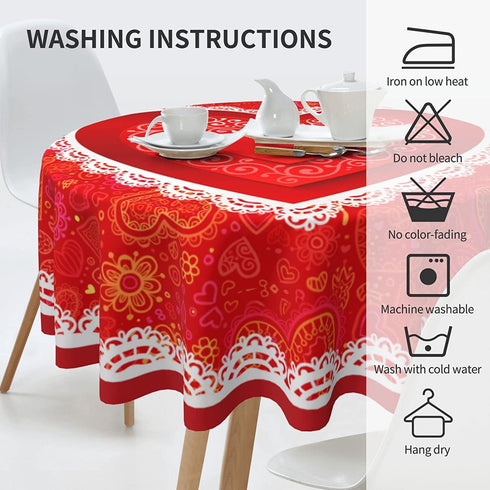 Valentines Day Tablecloth Round 60 inch Wrinkle Free Red Romantic Love Heart Tablecloth Suitable for Kitchen Decorantion / Indoor and Outdoor Dining Table / Party / Picnic