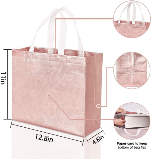12 PCS Glossy Reusable Grocery Shopping Bags Stylish Tote Bags with Handle Non-woven Gift Bags Bridesmaids Bags Goodies Bag for Women Bridesmaid Birthday Party Wedding Christmas (Rose Gold)