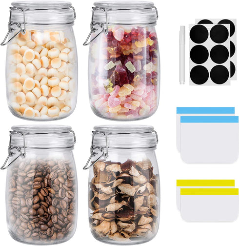 ESEOE Mason Jars - 4 Pack 34 OZ Airtight Hinged Lids Glass Container: Wide Mouth Kitchen Canisters with Label for Spice Canning Jelly Jam Candy Cookie Coffee, 4 Reusable Freezer Food Storage Bags