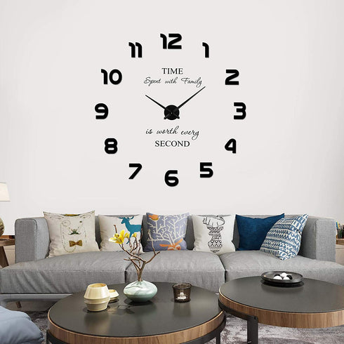 VREAONE Large Frameless DIY Wall Clock, Modern 3D Wall Clock Mute Mirror Stickers Living Room Wall Clock Decoration(Black)