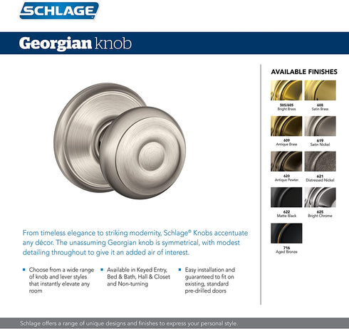 Schlage F10 V GEO 609 Georgian Door Knob, Hall & Closet Passage Lock, Antique Brass