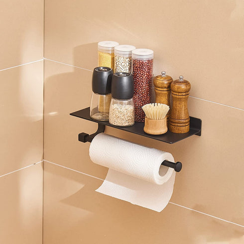 Danpoo Paper Towel Holder Wall Mounted for Kitchen 13 Inch, Bathroom Tissue Mega Roll Hanger with Mobile Phone Storage Shelf,Space Aluminum, Wall Mount with Screws (Matte Black)