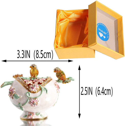 Waltz&F Metal Double Bird and Flower Trinket Box Jeweled Hand-Painted Ring Holder Animal Collectible Figurine Decoration