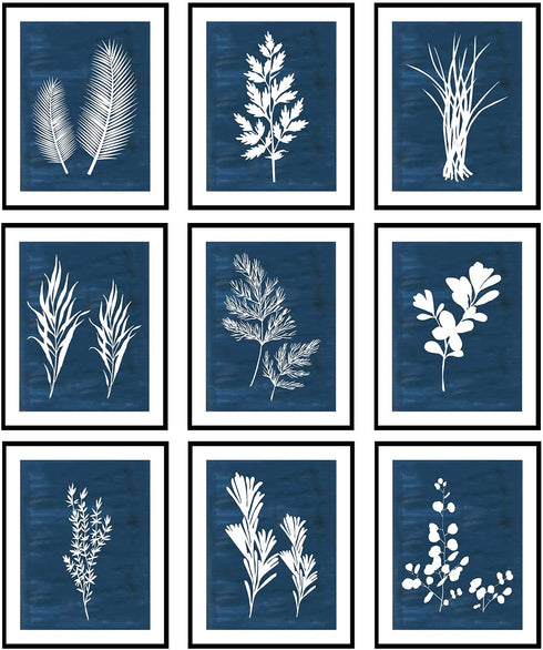 9 Pieces Botanical Wall Art Prints Navy Blue White Tropical Plant Flower Pictures Posters Boho Wall Decor for Bedroom Living Room Kitchen Home Decoration 8"x 10" UNFRAMED
