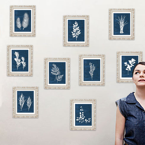 9 Pieces Botanical Wall Art Prints Navy Blue White Tropical Plant Flower Pictures Posters Boho Wall Decor for Bedroom Living Room Kitchen Home Decoration 8"x 10" UNFRAMED