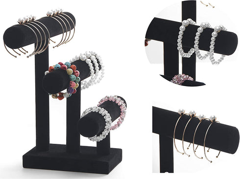 Wuligirl 3 Tier T-Bar Bracelet Jewelry Display Stand Bangle Organizer Storage Holder Velvet Black (3T Bar)