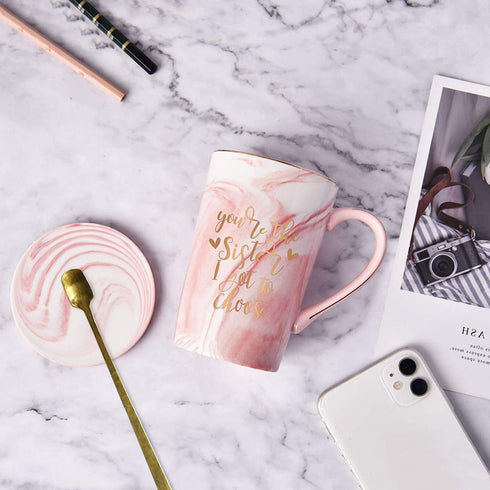 Gift for Sister - You Are The Sister I Got to Choose Coffee Mug - Sister Birthday Christmas Gift from Sister - Sister in Law Gifts - Marble Sister Mug with Spoon Coaster Gift Box 14 Oz Pink