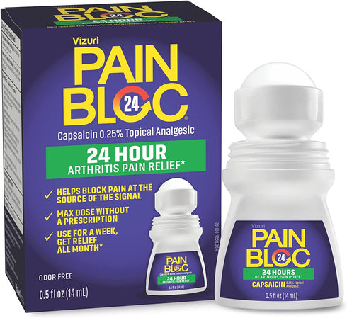 PainBloc24 Arthritis Pain Relief Roll On — Maximum Strength Capsaicin 0.25% to Block Nerve Pain for 24-hour Arthritis Pain Relief — Topical Analgesic for Joint and Muscle Pain Relief — 0.5fl oz Bottle