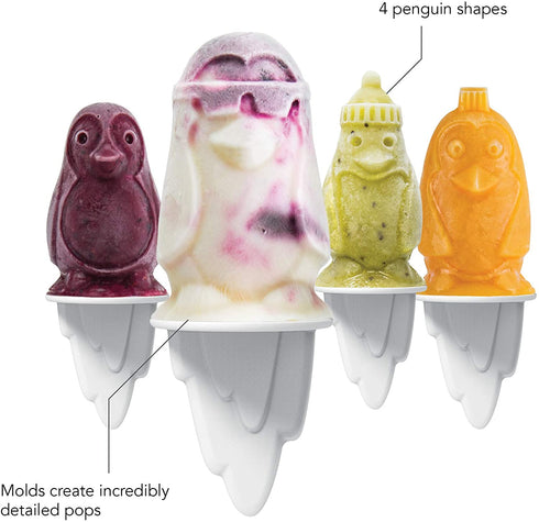 Tovolo Ice Pop, Flexible Silicone Freezer Molds Set of 4 Unique Penguins, Popsicle Makers With Reusable Sticks, Dishwasher-Safe & BPA-Free, White