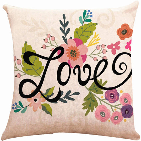 ZUEXT Spring Floral Love Throw Pillow Covers 16x16 Inch, Set of 4 Square Cotton Linen Outdoor Cushion Pillowcases for Sofa Couch Home Decor Valentines Mother's Birthday Day Housewarming Gift