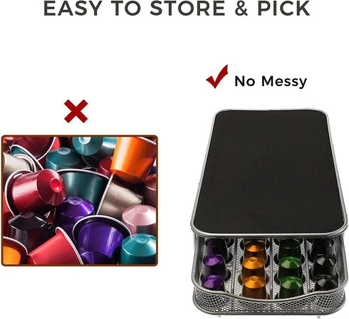 Coffee Pods Holder Storage Drawer for Nespresso Capsules, 40 Coffee Capsule Organizer Stand, Metal Storage Coffee Machine Base