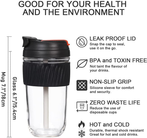 Leak Proof Glass Travel Coffee Mug with Lid and Straw, 18oz/540ml, 2 Ways Drinking Reusable Water Bottle with Silicone Sleeve, BPA Free, Microwave Safe, Durable (Coal Black)