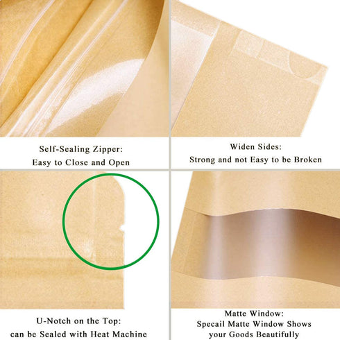 SumDirect Kraft Zip Lock Stand Up Bags Pouches with Notch and Matte Window 5.9x8.6 Inches,5.7oz,Pack of 50