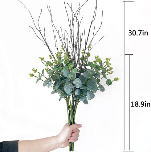 FeiLix 2PCS Eucalyptus Leaves Stems Mixed with 4PCS Branches ,Artificial Greenery Dried Eucalyptus Plant for Vases Party Home Farmhouse Decor